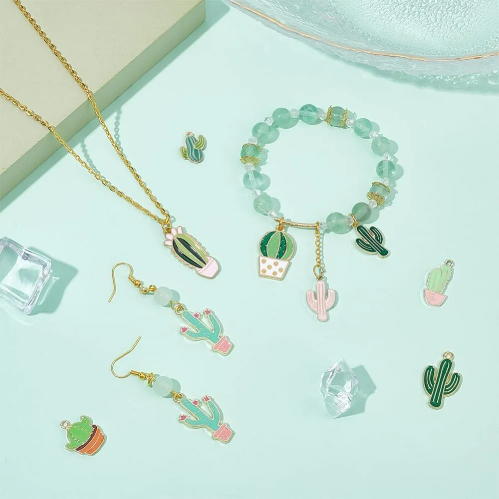 14 Styles Cactus Charms 28pcs Plant Pendants Charms Enamel Alloy Pendants Summer Desert Beads for Necklace Bracelet Earrings kit