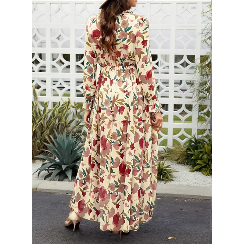 فستان بوهو ماكسي نسائي برقبة على شكل V وأكمام طويلة وكشكشة على شكل حرف A فساتين شيفون متأرجحة