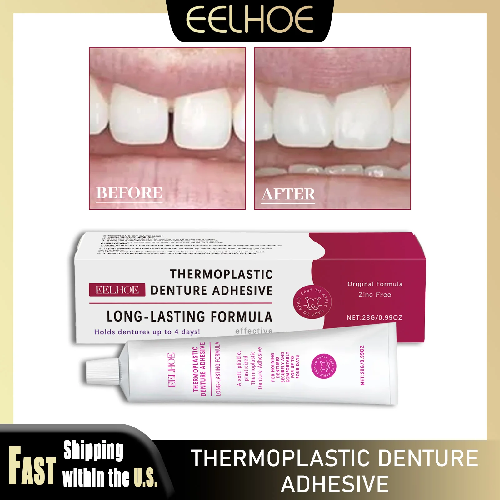 

EELHOE 28g Denture Adhesive Teeth Gaps Missing Filling Strong Hold False Teeth Relieving Denture Gum Pain False Teeth Tools