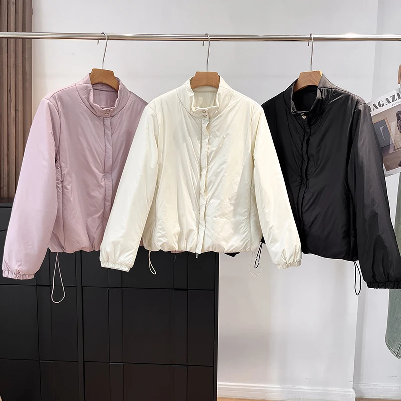 

Lightweight Bread Style Cotton Jacket Women's New Style Winter Coat Thin Warm Stand Collar Zipper Closure Long Sleeve Pure Color