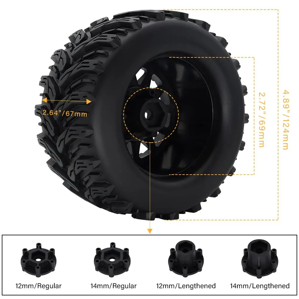 GLOBACT RC Truck Tires 12mm/14mm Hex RC Cars Wheels and Tires with Foam Inserts for 1/10 Scale Arrma Granite Axial