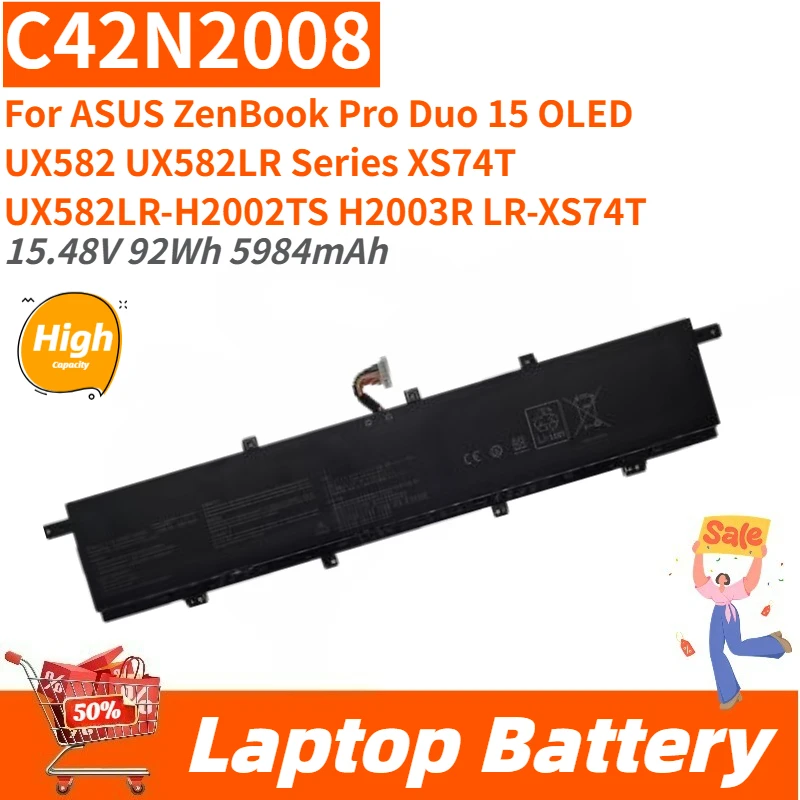 

High Capacity 15.48V 92Wh 5984mAh Laptop Battery C42N2008 For ASUS ZenBook Pro Duo 15 OLED UX582LR UX582 Series UX582LR-H2002TS