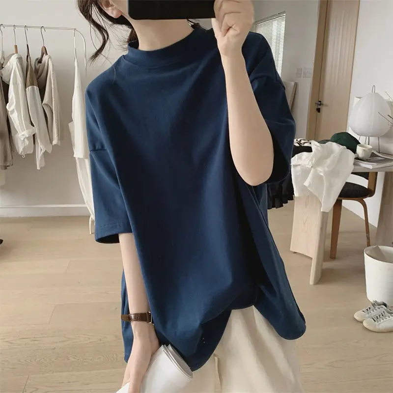 Half turtleneck t-shirt women's spring and summer new loose and thin Korean simple half-sleeve cotton basic top