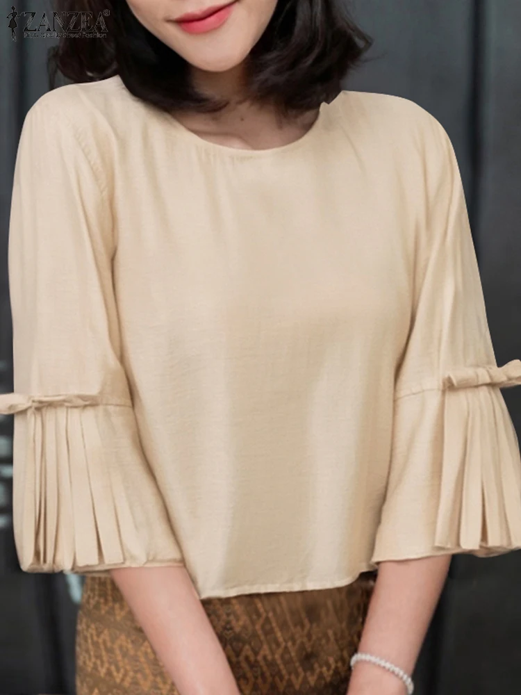 

ZANZEA Women Tops 2025 Summer 3/4 Sleeve Bow Casual Solid Color Blouse Pleated Fashion Shirts Casual Loose Tunic Office Blusas