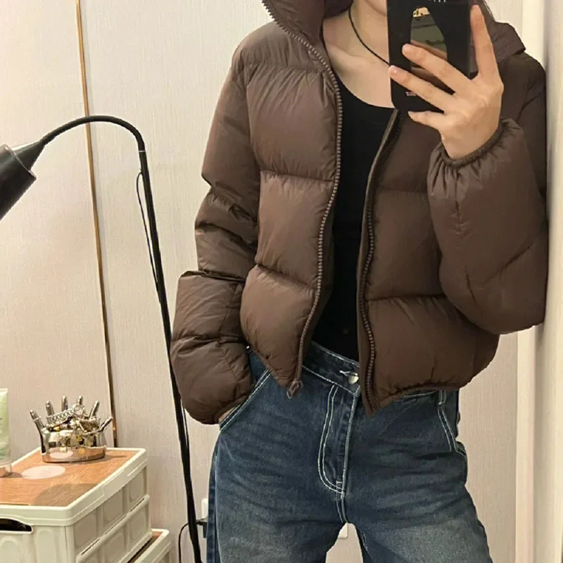 2025 Casual Cropped for Women Winter New Loose Stand Collar Thick Warm Quilted Jacket Versatile Zipper Long Sleeve Bread Coat