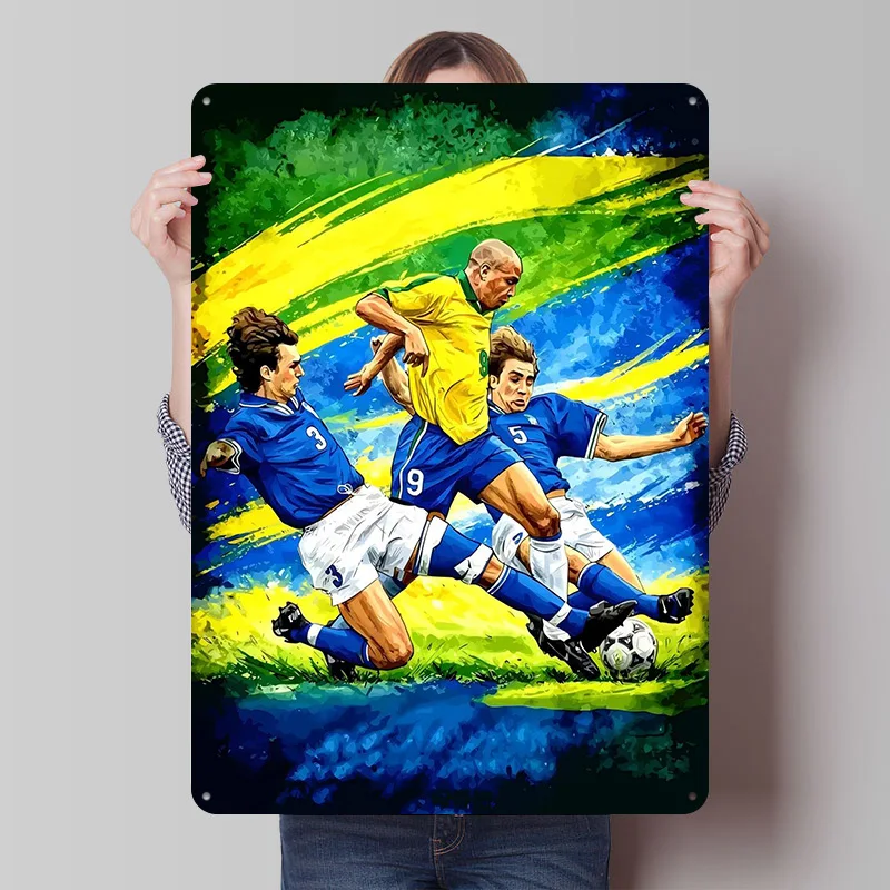 Fußballspiel mit Spielern Blechposter Individuelle Wandkunst Vintage Metallschilder Retro Blechplakette für Zuhause und Dekoration Gaming