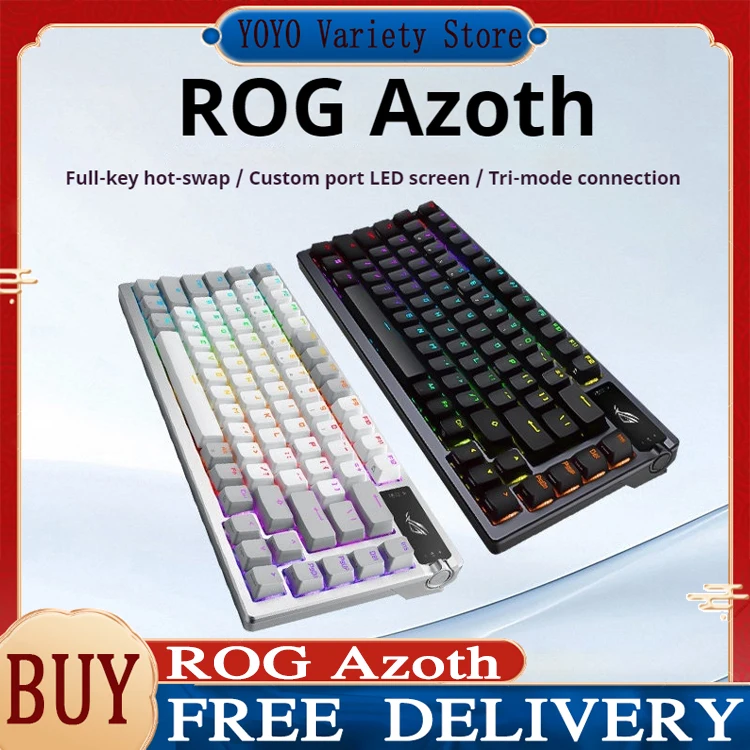 

Игровая клавиатура ROG Azoth с раскладкой 75%, три режима подключения, настраиваемая, с частотой опроса 8K, OLED-дисплеем, полностью сменными переключателями (hot-swappable), Gasket Mount для Delta