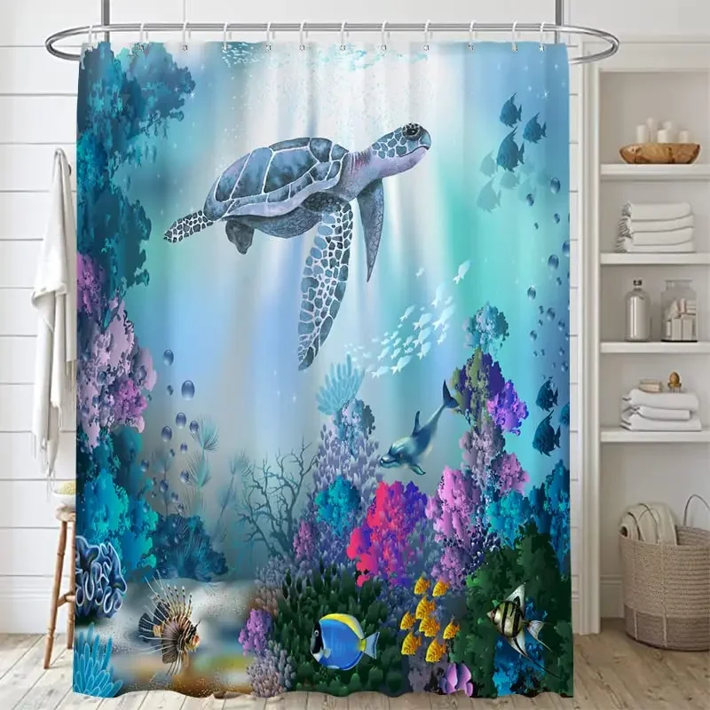 Sea Turtle Shower Curtain Underwater Ocean Fishes Coral Reef Marine Life Bathroom Curtains with Hooks Blue Bathtub Screen Decor