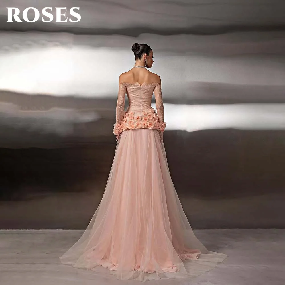 

ROSES Blush Pink Formal Gown Off the Shoulder Long Sleeve Prom Dress with 3D Floral Tulle Evening Dress Modern Style Customized