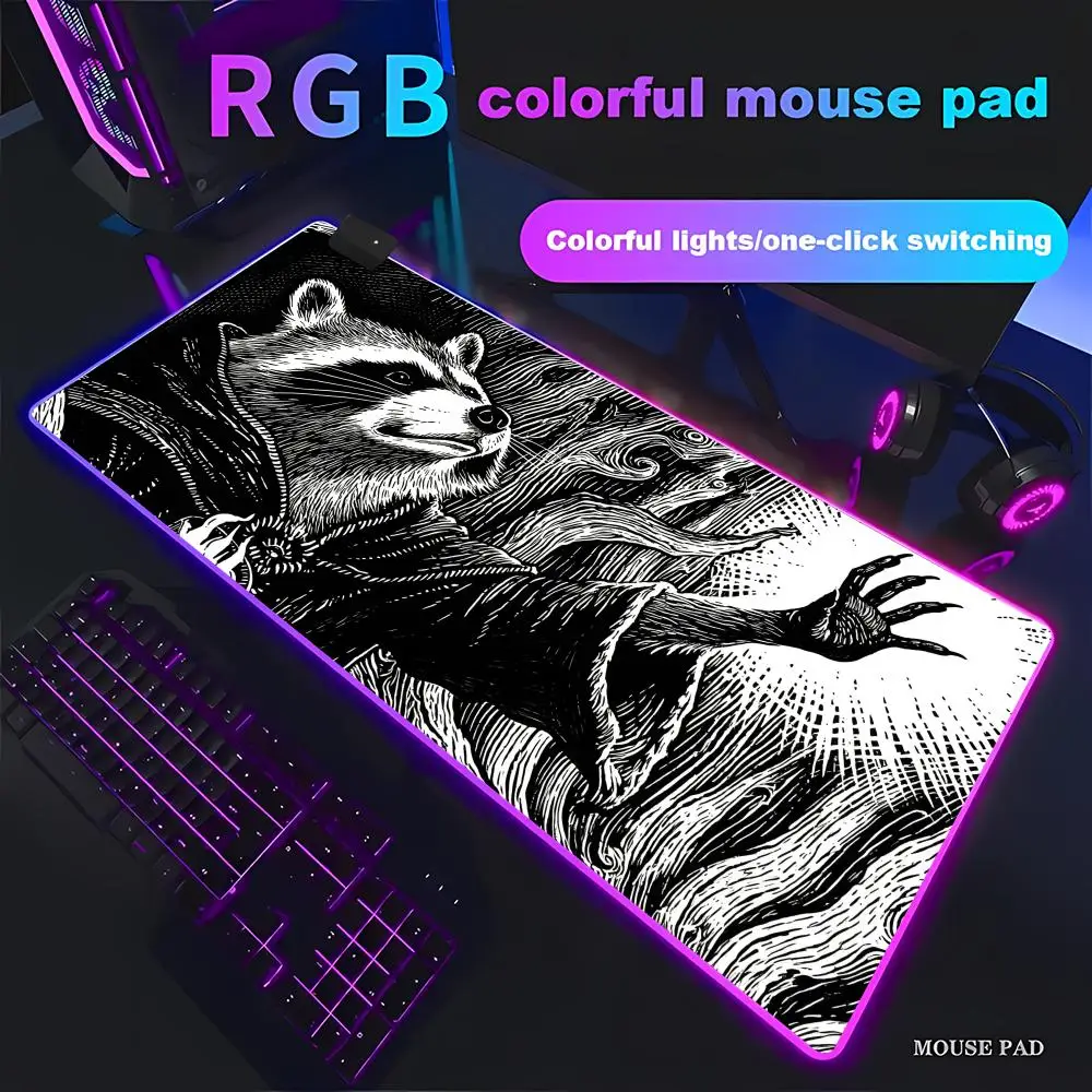 

HYBXAXC Large Occult Raccoon Gaming Mouse Pad Non-Slip Rubber Dark Art Desk Mat for Gamer RGB HD Gamer Large LED Light