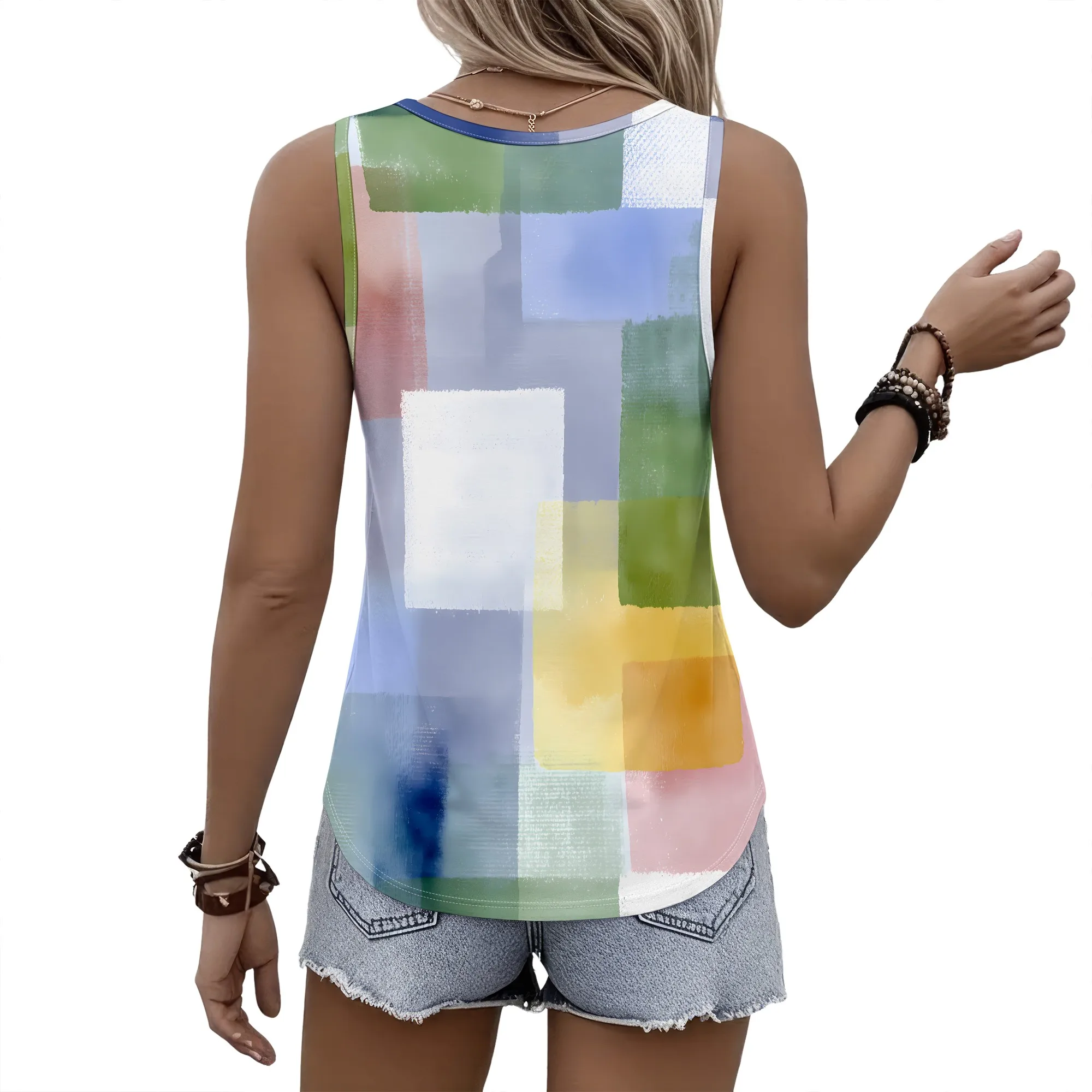 Color Block Print Tank Top, Abstract Art Sleeveless Shirt, Loose Fit Summer Blouse, Casual Beach Wear for Women, S-2XL