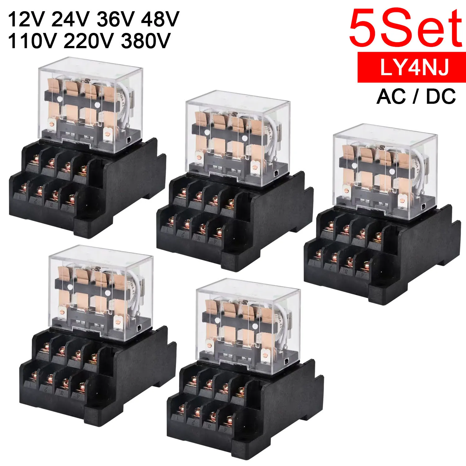

5 комплектов мини-реле HH64P 14Pin 10A со светодиодом LY4NJ P143, общее промежуточное реле LY4N-GS 12 В 24 В 110 В 220 В 380 В с гнездом