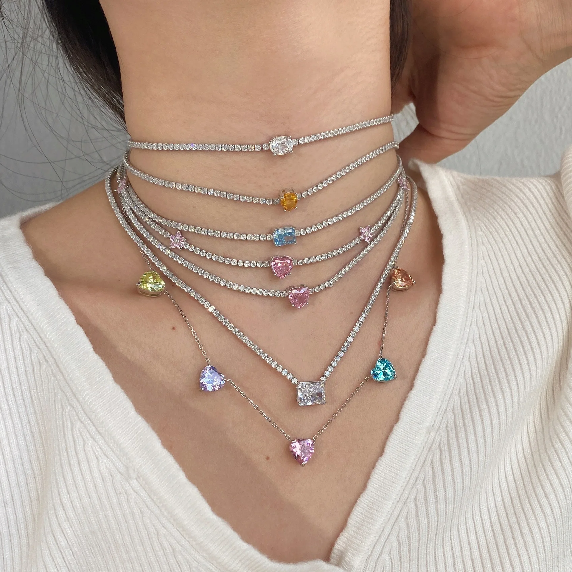 

S925 Sterling Silver Tennis Necklace Women Radian Ice Flower Chopped Collar Chain Female 8A Zircon Design Luxury Jewelry Gift