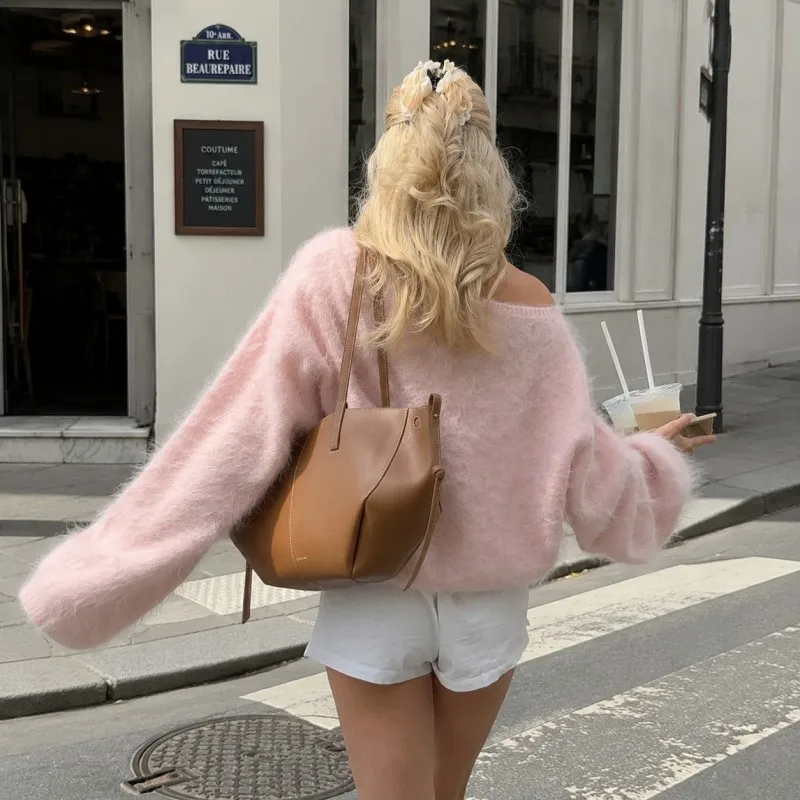 Women Off Shoulder Fuzzy Knit Sweater Long Sleeve Oversized Loose Slouchy Pullover Versatile Casual Fluffy Streetwear Tops Fall
