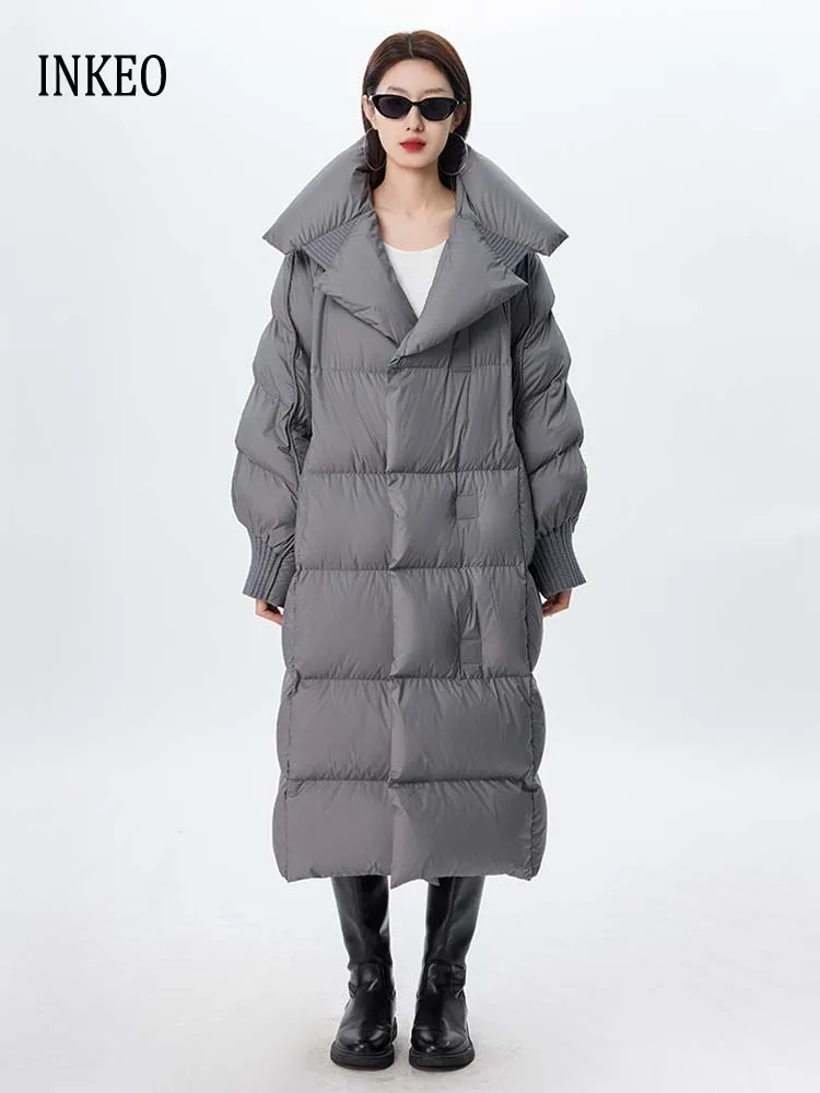 

Luxury Women's Long goose down jacket 2024 Winter Warm Gray Notched collar puffer coat warm oversize Black white INKEO DJ019