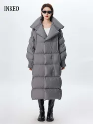 Luxury Women's Long goose down jacket 2024 Winter Warm Gray Notched collar puffer coat warm oversize Black white INKEO DJ019