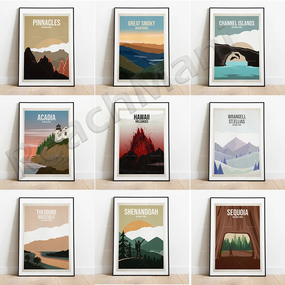 Islas Canales, Theodore Roosevelt, Wrangell St Elias, Arcadia, Islas Vírgenes, Parque Nacional Pinnacles, póster de viaje de EE. UU.