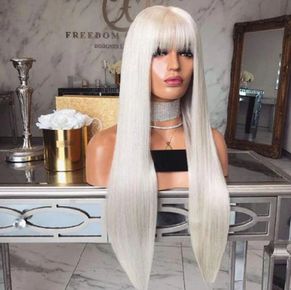 Synthetic Hair Wig with Bangs Platinum Lace Front Long Wig Blonde Silk Straight Heat Resistant Cosplay Makeup Wigs