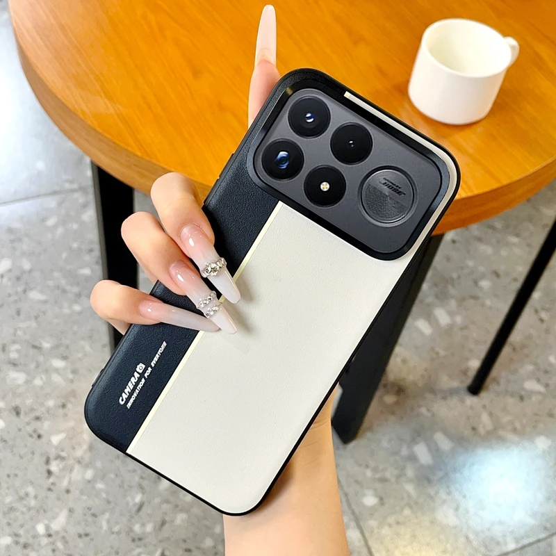 Para POCO F9 Pro F9 Ultra, funda de teléfono de cuero sintético con diseño de bloques de color y detalles de líneas fluorescentes.