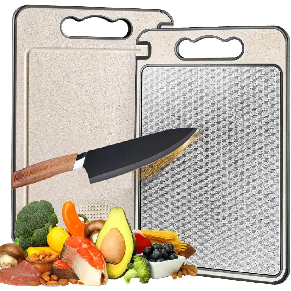 

Double Sided Cutting Board for Kitchen, 304 Stainless Steel Cutting Board, 14.4*9.8 and Wheat Straw PP, Juice Grooves, Non Slip,