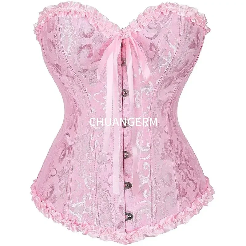 CHAUNGERM Women Corset Top Jacquard Overbust Bustier Victorian Sexy Lace up Floral Lingerie Korset Vintage Gothic Basques Costum view 4