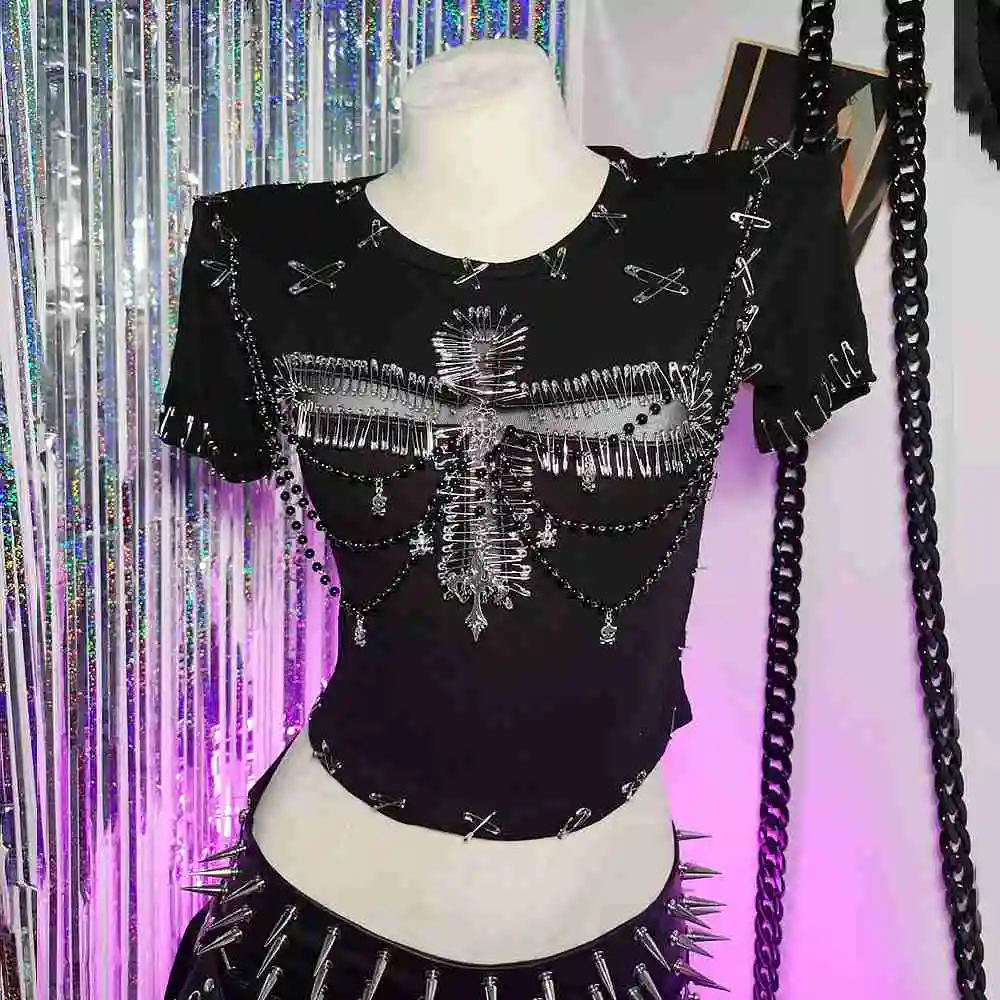 

Гот Гранж Булавка E-Girls Эко с короткими рукавами Harajuku Модная цепочка Крест Панк Рок Уличная одежда Готическая футболка Череп Эмо Y2K Топы