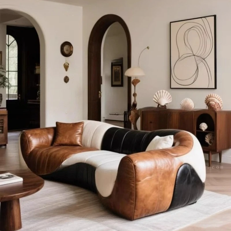 

Medieval cowhide sofa, three people, contrasting color medieval color sofa