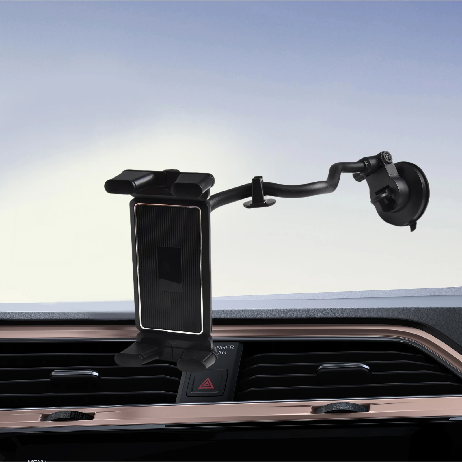 

Tilt And Rotate Capable Vehicle Mounted Tablet Holder Supporting Sizes From Four Point Seven To Nine Point Six Inchs