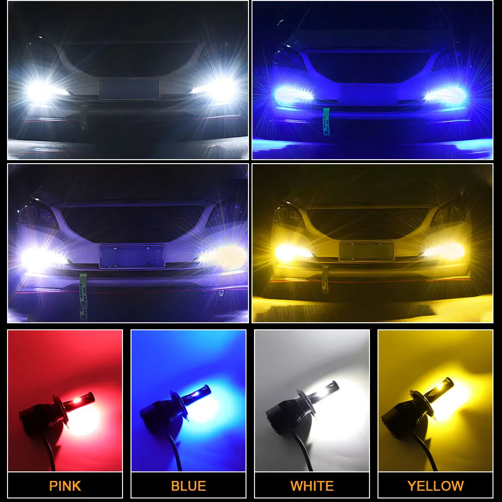 H4 LED 4 Color Flash Headlight H1 H7 LED Projector H8 H11 HB3 HB4 80W LED Lights Auto Lamp Car Automobiles Headlamp 12V Fog Bulb