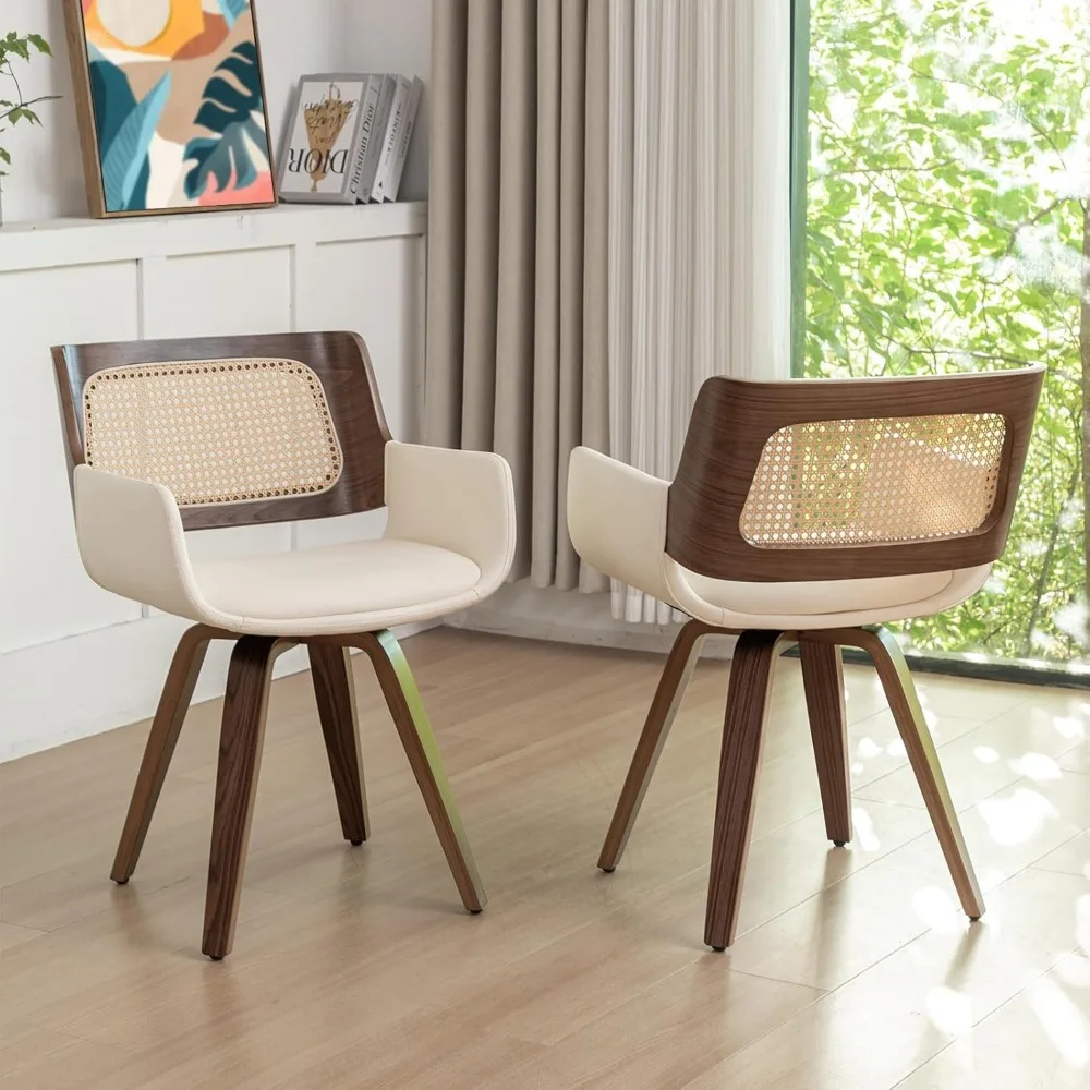 

Set of 2 Swivel Dining Chairs - MCM Dining Chairs with Curved Arms, Ergonomic Cane Back, Bentwood Frame, Dining Room Chairs for