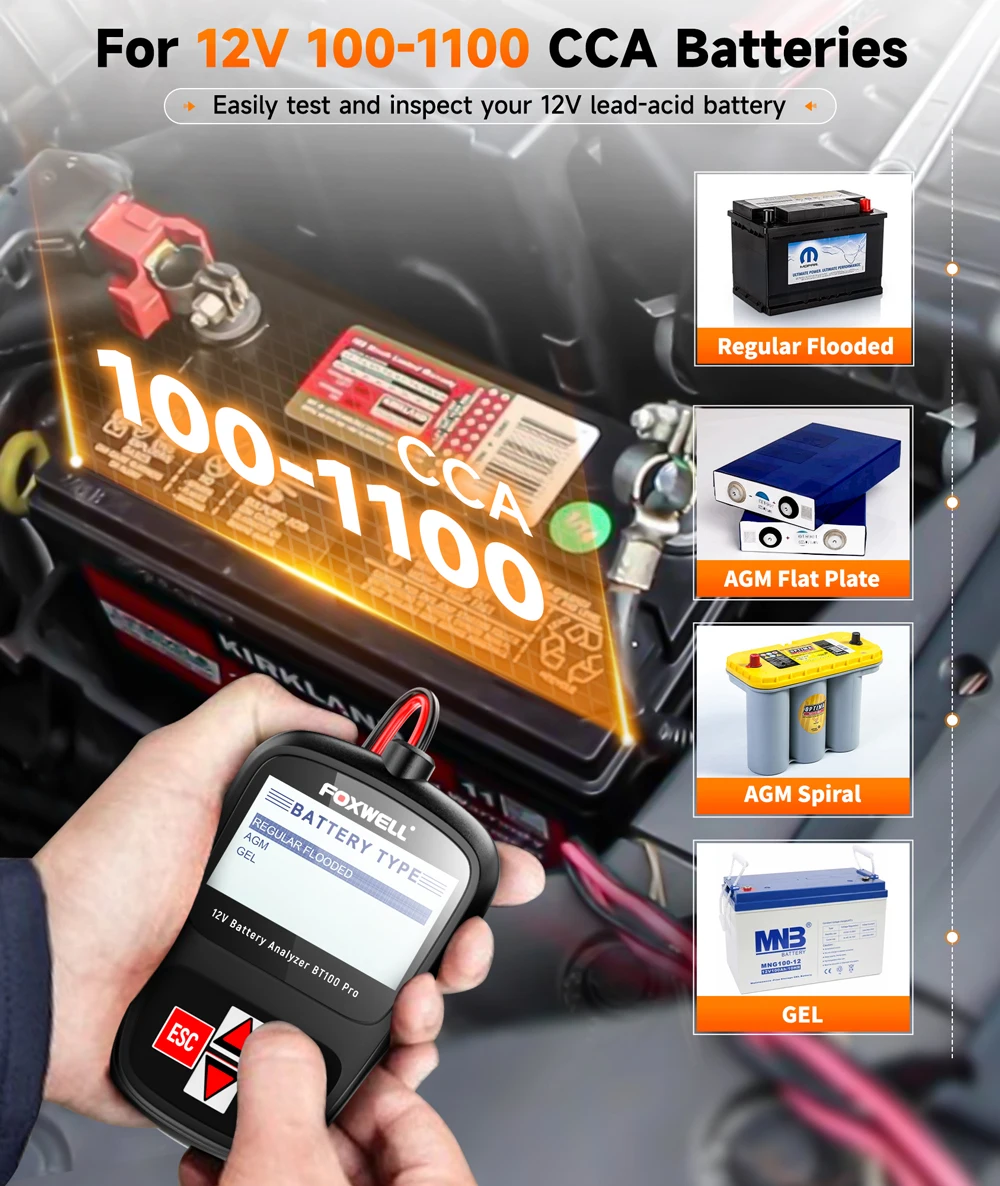 Foxwell Bt100 Pro Auto Batterij Tester Analyzer 12 V 100-1100cca Detecteren Gezondheidsfouten Auto 12 Volt Batterij Diagnostische Hulpmiddelen