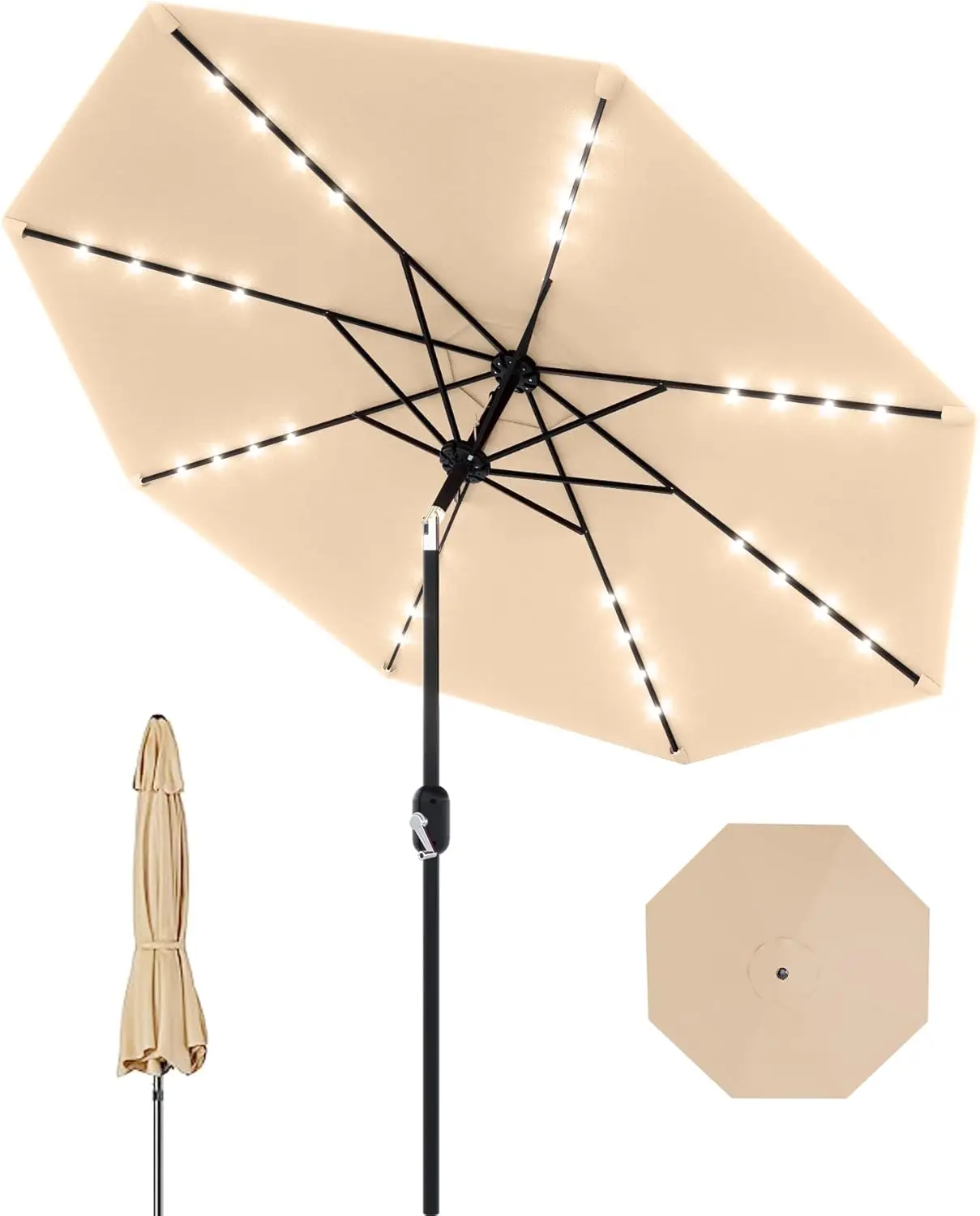 

9 ft Outdoor Patio Umbrella with Solar LED Lights & Tilt Crank, 8 Ribs Market Table Umbrella for Pool Deck Backyard