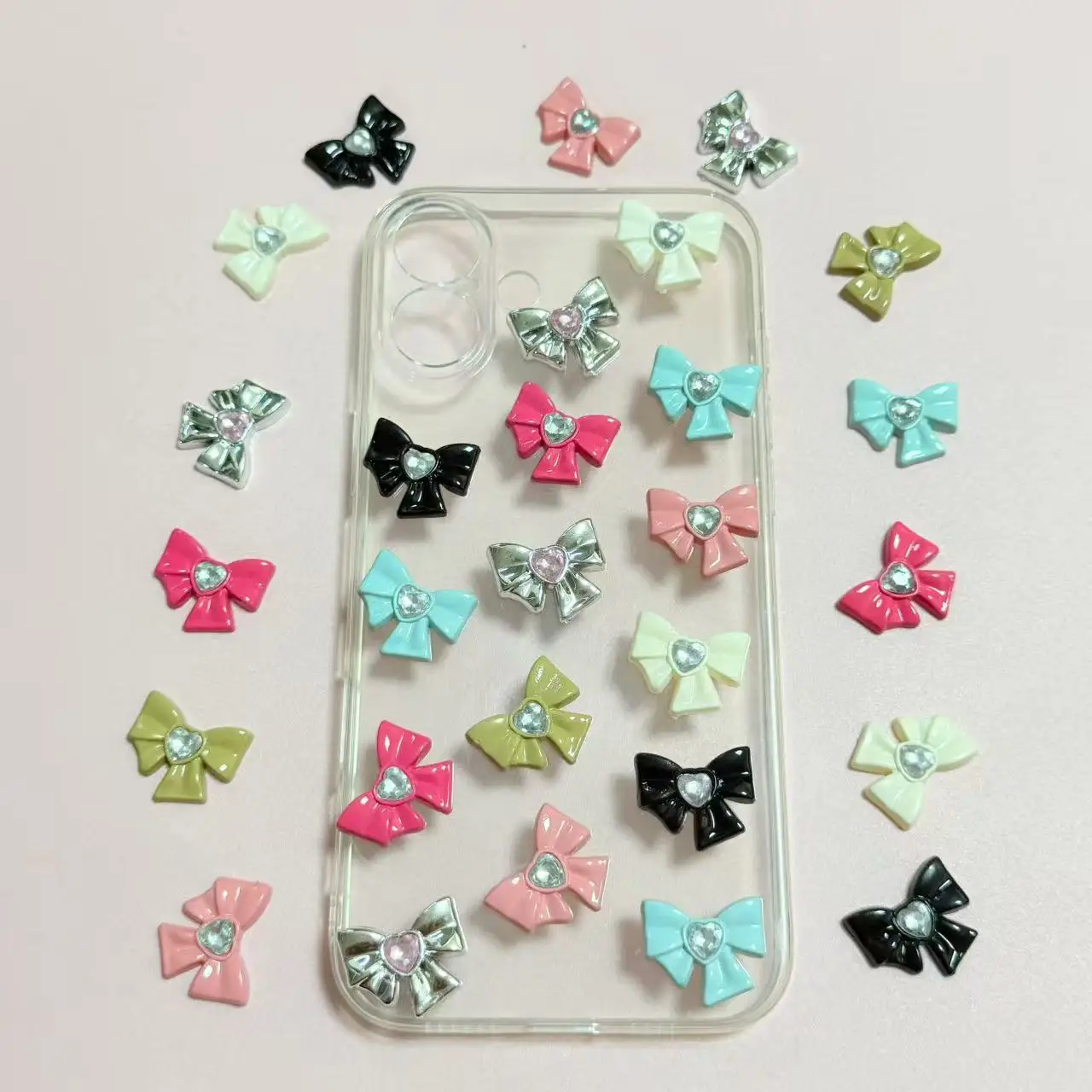 10Pcs Seven Color Styles Autumn Brown White Inlaid Heart-shaped Rhinestone Bow Resin Charms Junk Phone Case Decoration