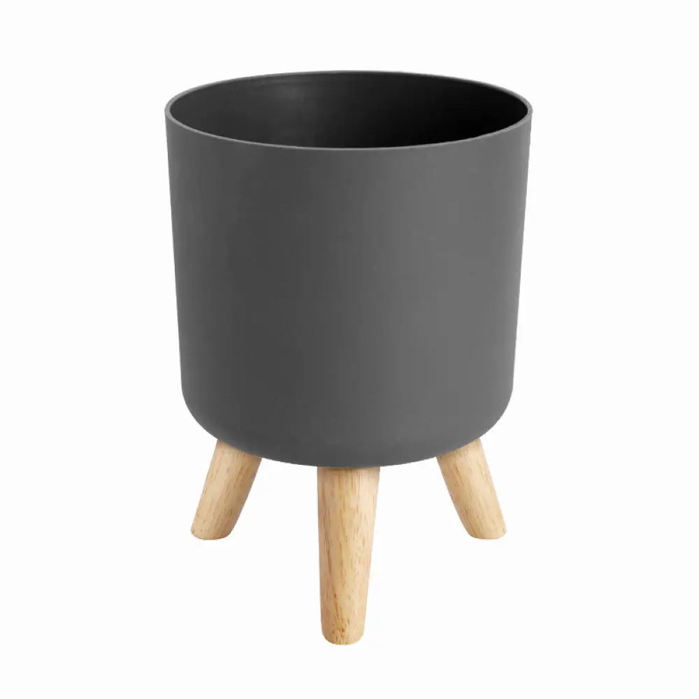 Decorative Plastic Plant Pot Self Watering Round Minimalist Planter With Wood Legs Indoor Home Bedroom Decoration