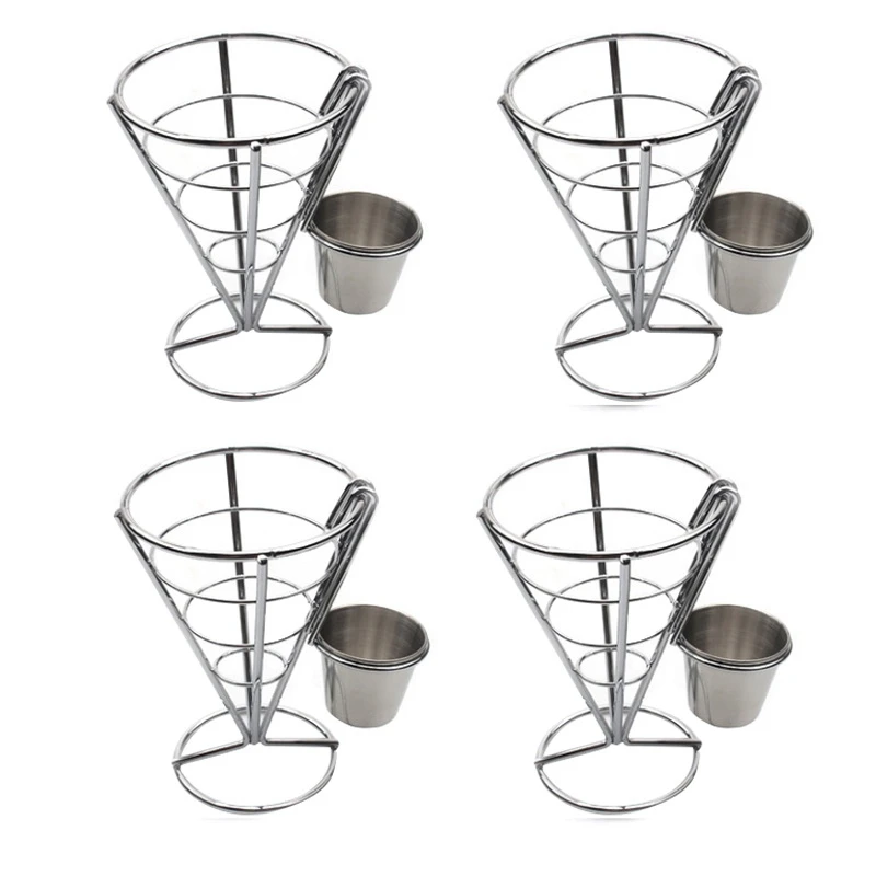 4 Pcs French Fries Stand Cone Basket Fry Holder with Dip Dishe Cone Snack Fried Chicken Display Rack Food Shelves Bowl