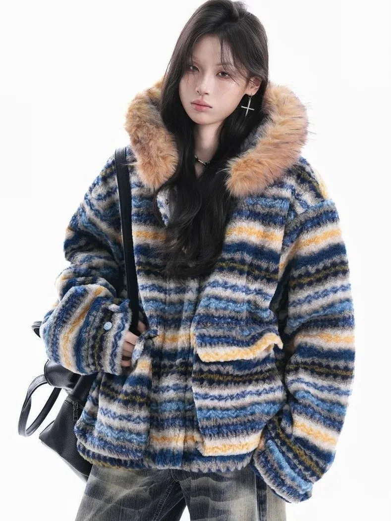 

American Stripe Hooded Cotton Jaet Men's Loose Couple Winter Thi Warm Cotton Clothes Trendy Cotton Padded Coat