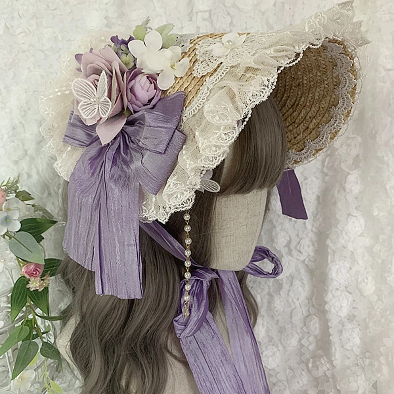 

Handmade Lolita Straw hat Purple lace flower bow Vintage Headdress gothic tea party fashion Women Headwear Bonnet cap