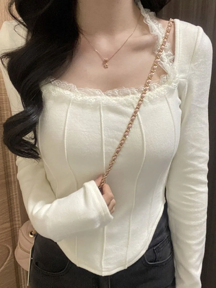 Camiseta larga de encaje irregular Ne colgante Sve para mujer primavera otoño Thiened Base irt ropa interior de gama alta dulce picante Gi...