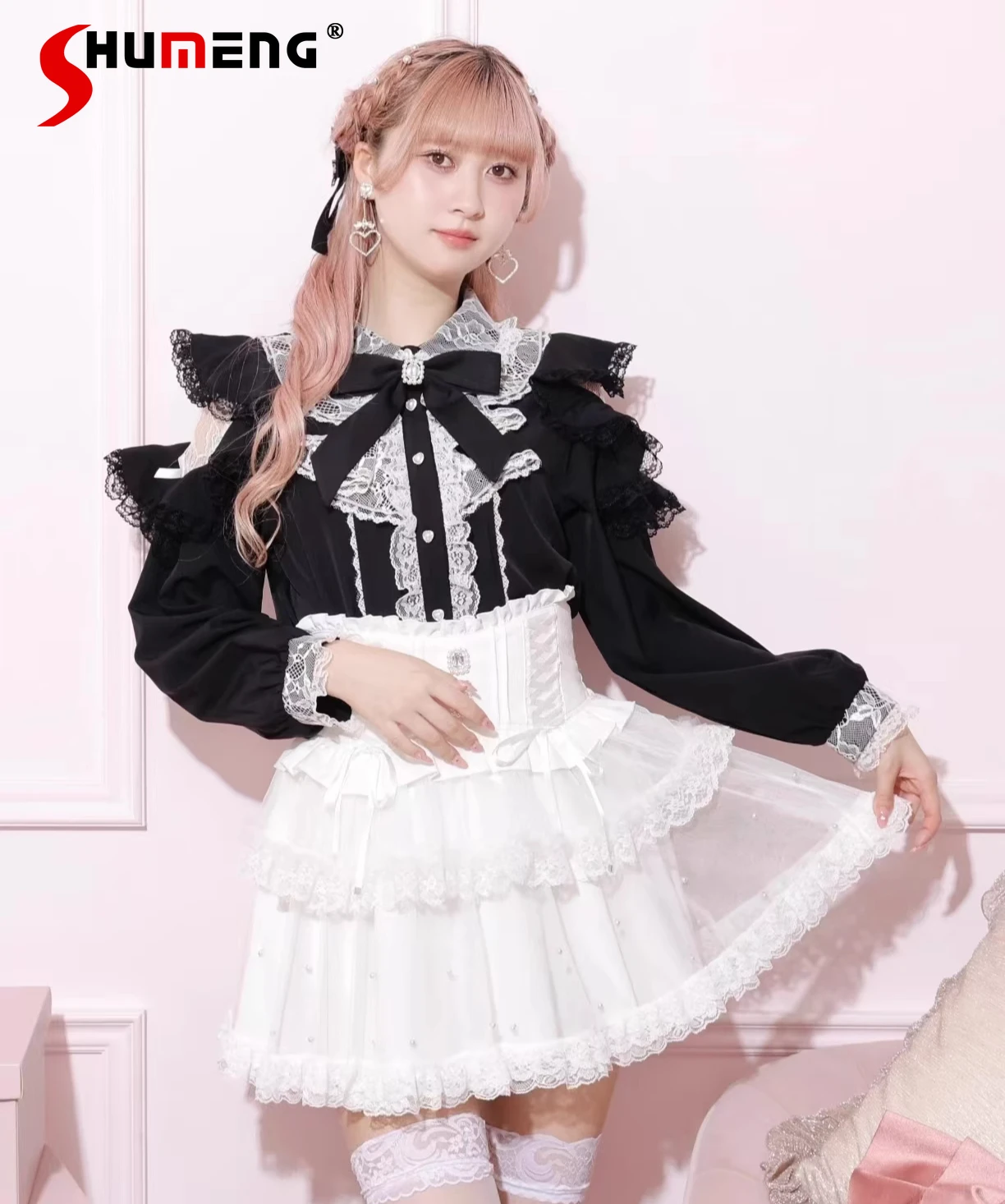 日本鉱山量産ロリータオフショルダー長袖シャツガールレディーススイートリボンレーストップレディースハイウエストスカートセット