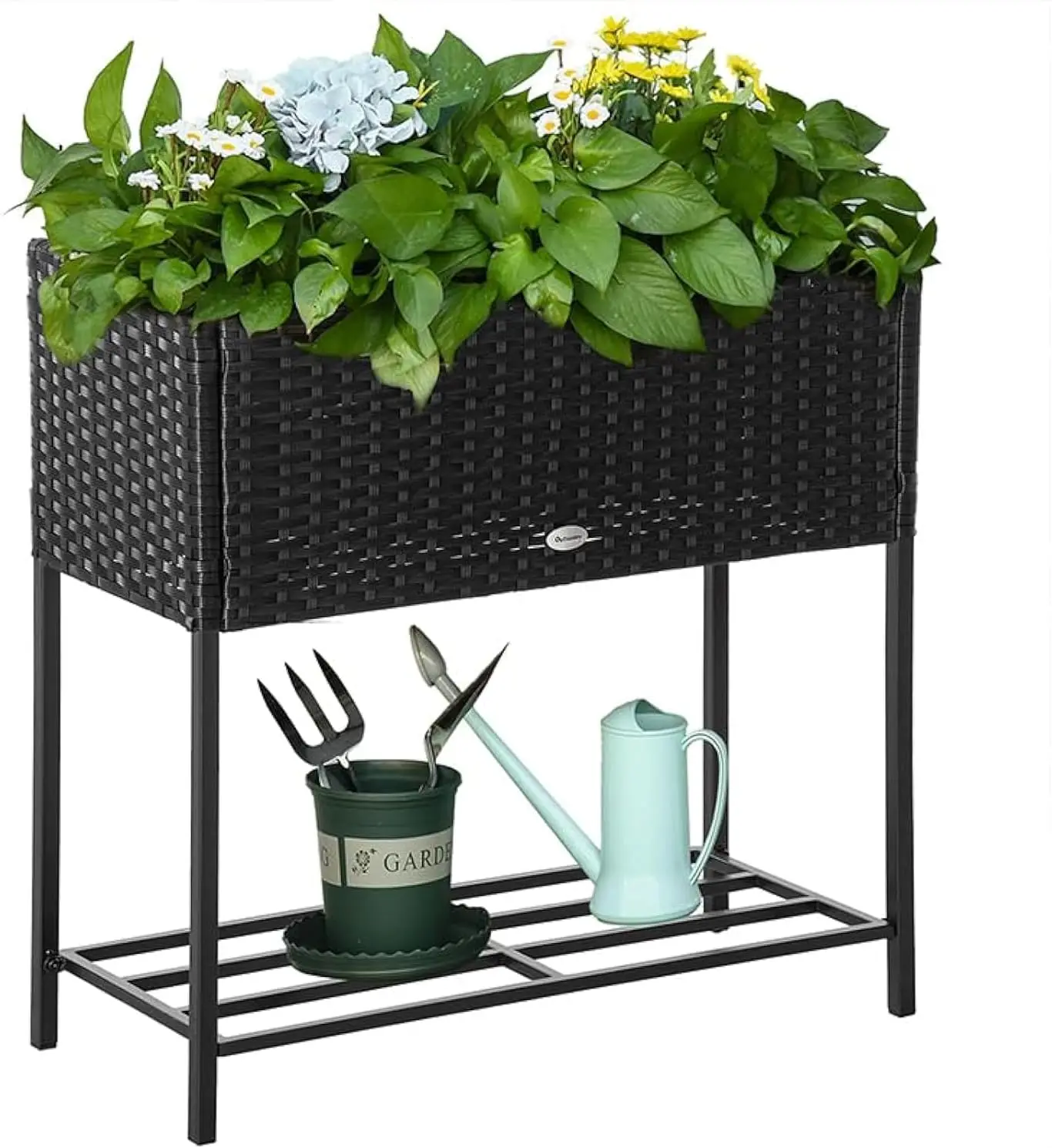 

Raised Garden Bed, Elevated Planter Box with Rattan Wicker Look, Tool Storage Shelf, Portable Design for Herbs, Vegetables, Flow
