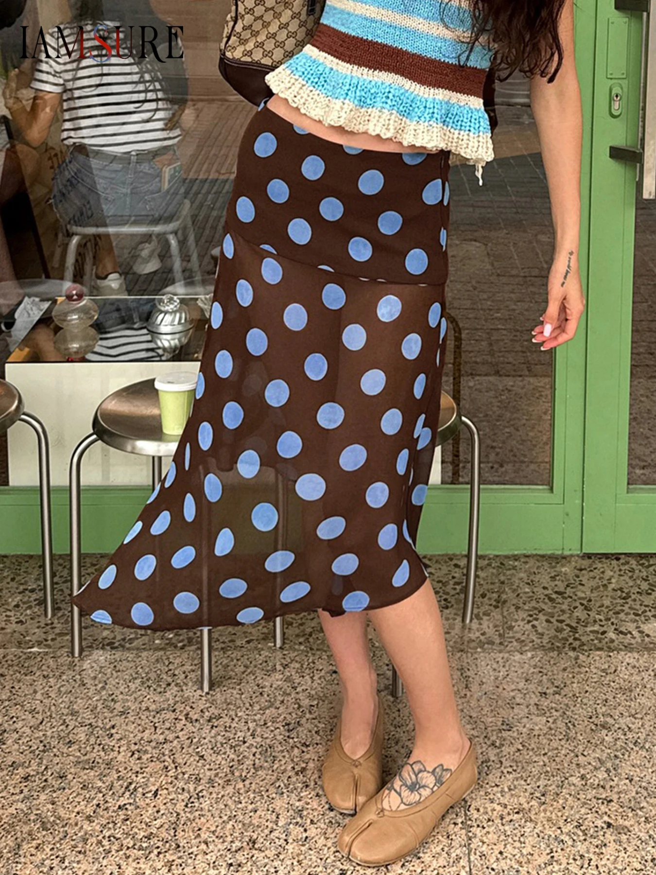

IAMSURE Holiday Contrast Color Asymmetrical Skirts Beach Style See Through Low-Waisted Midi Skirts Women 2025 Summer Fashion