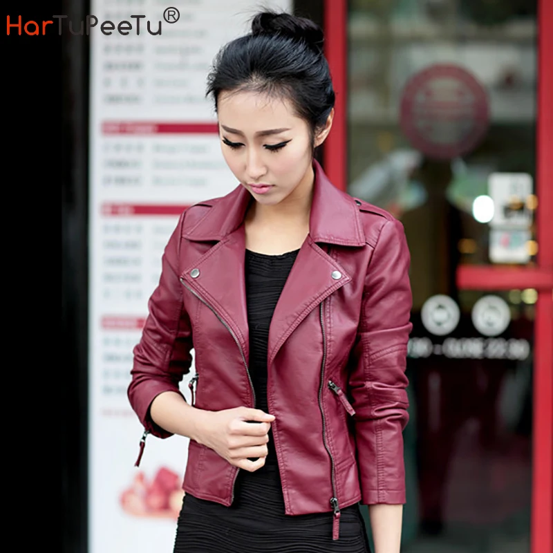 Blouson en similicuir femme, court et slim, en PU, rouge et noir, pour motard, style coréen, XS ~ 4XL, printemps automne 2023