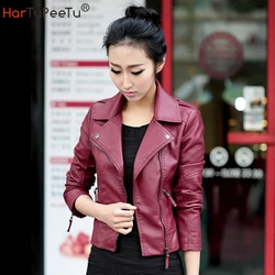 Mulheres Slim Fit Jaqueta de Couro PU, Vermelho, Preto, Falso, Motor, Curto, Biker Coat, Coreano, Outwear Shipping, Outono, Primavera, Drop, XS-4XL, 2023