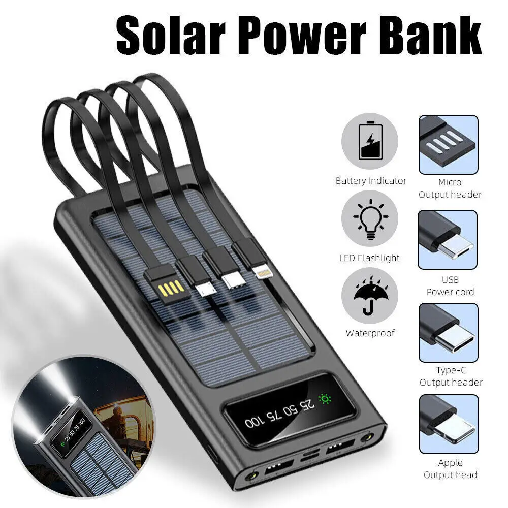 200000mAh Solar Power Bank Solar Battery Two-way Large Capacity Fast Charging Built-in Cable Power Bank External Battery