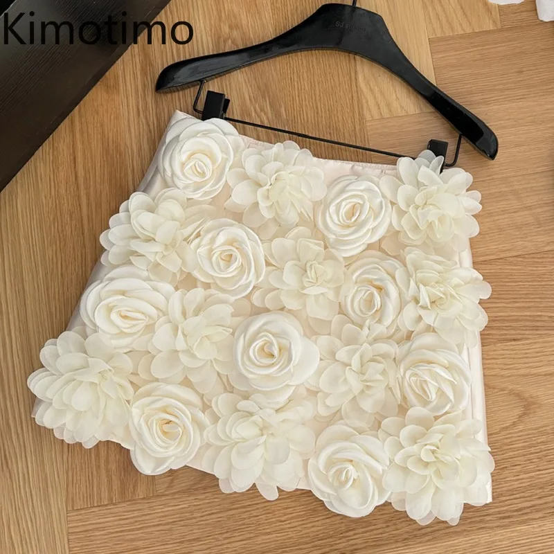 Kimotimo Fashion 3D Flowers Y2k Skirt Women 2024 Autumn High Waist A-line Mini Skirts French Elegant All Match Slim Streetwear