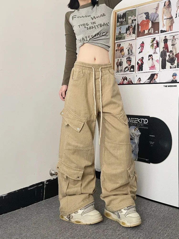 2024 Cyber Y2K Streetwear Multi Pockets Apricot Baggy Cargo Jeans Pants For Women Clothes Sweatpants Hip Hop Lady Long Trousers