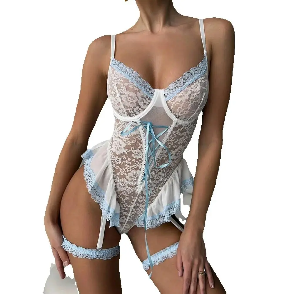 

White Lace Trim Bodysuits for Women Sheer Leaf-edge Bodysuit with Leg Cuffs Two Piece Sleeveless Slim Jumpsuit Summer Streetwear