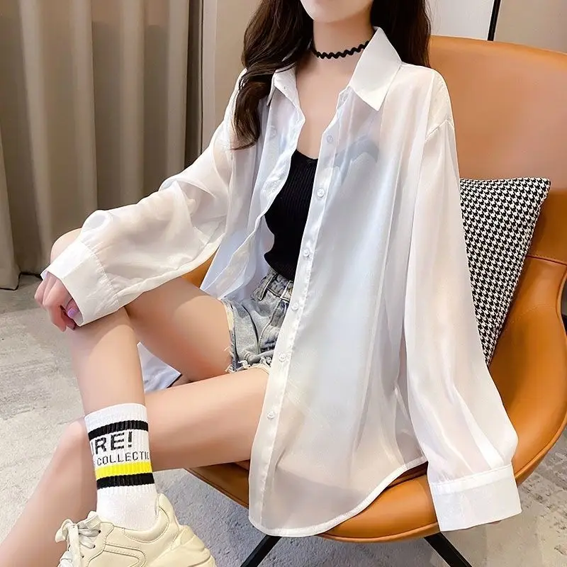 High Street Thin Loose Shirt Tops Long Sleeve Polo Neck Solid Simplicity Fashion Blouse Summer New Korean Casual Women Clothing
