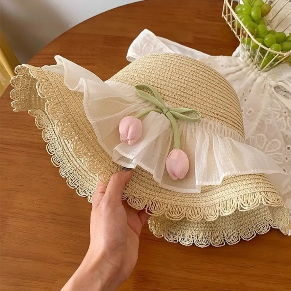 

Sunshade Sweet Lace Tulip Sun Hat Korean Style Wide Brim Straw Woven Hat Flat Top Elegant Bow Sunscreen Hat Spring Summer