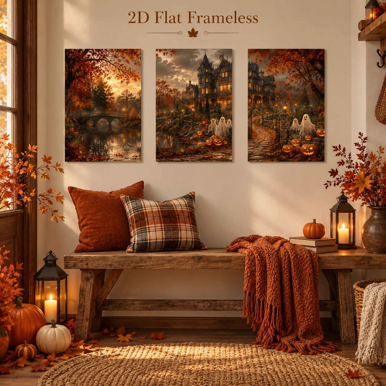 3 pieces depicting a bizarre mansion with ghosts, pumpkins, autumn trees, and a small bridge at dusk. 2D printed frameless artwo